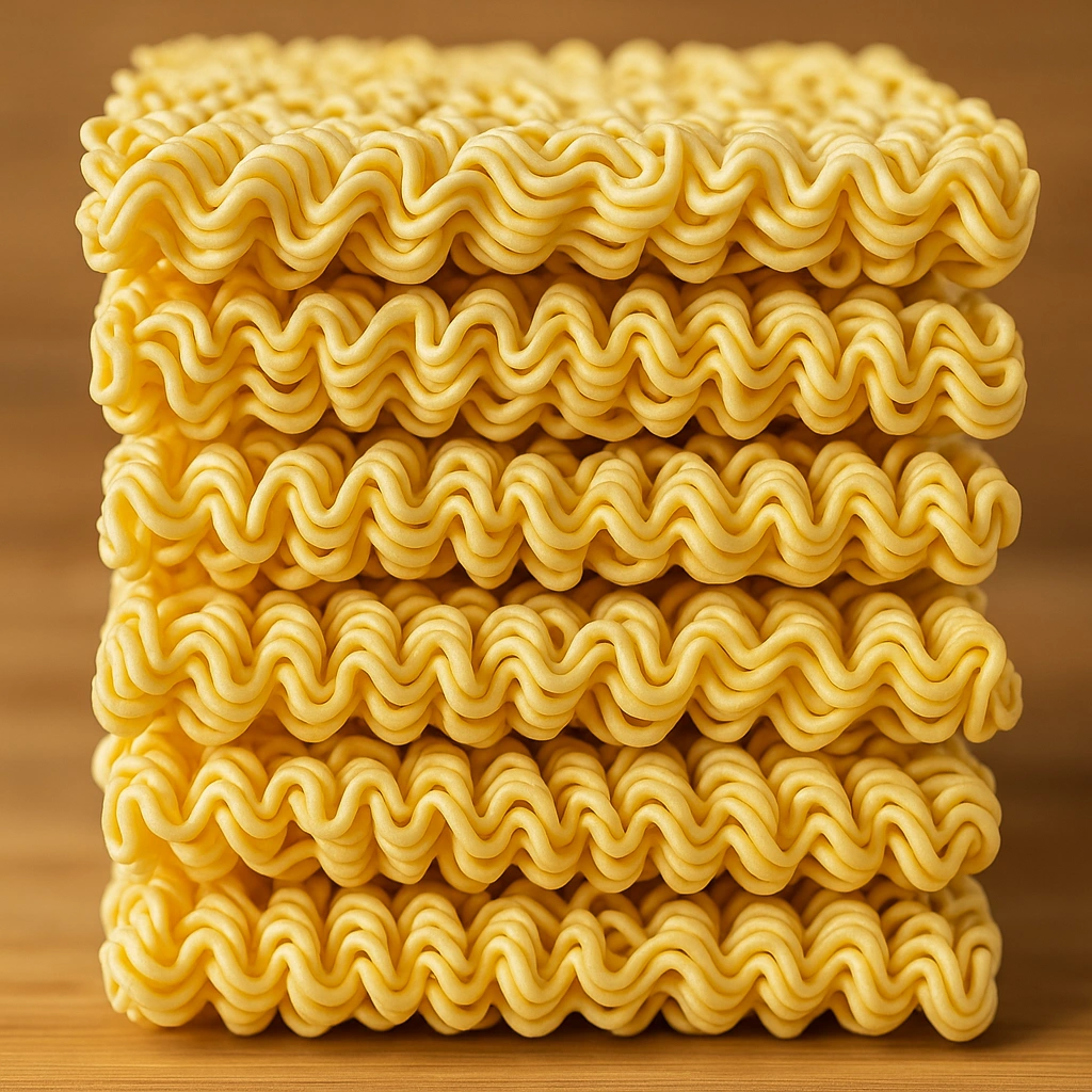 Tumpukan mie instan mentah berwarna kuning keemasan yang sudah dilepas dari bungkusnya, disusun rapi di atas meja kayu.